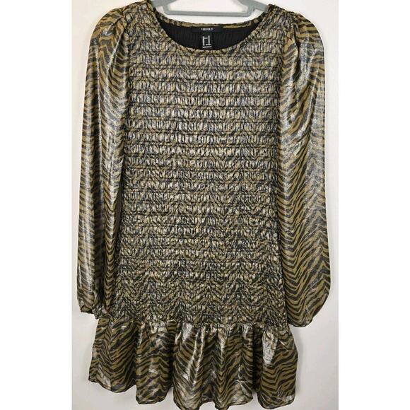Forever 21 Dresses & Skirts - Forever 21 Smocked Tiger Print Metallic Party Mini Dress M Ruffle Hem Steampunk